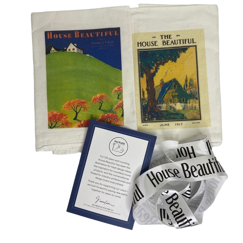 2 House Beautiful Tea Hand Towels Vintage Graphics Ribbon Notecard Farmhouse